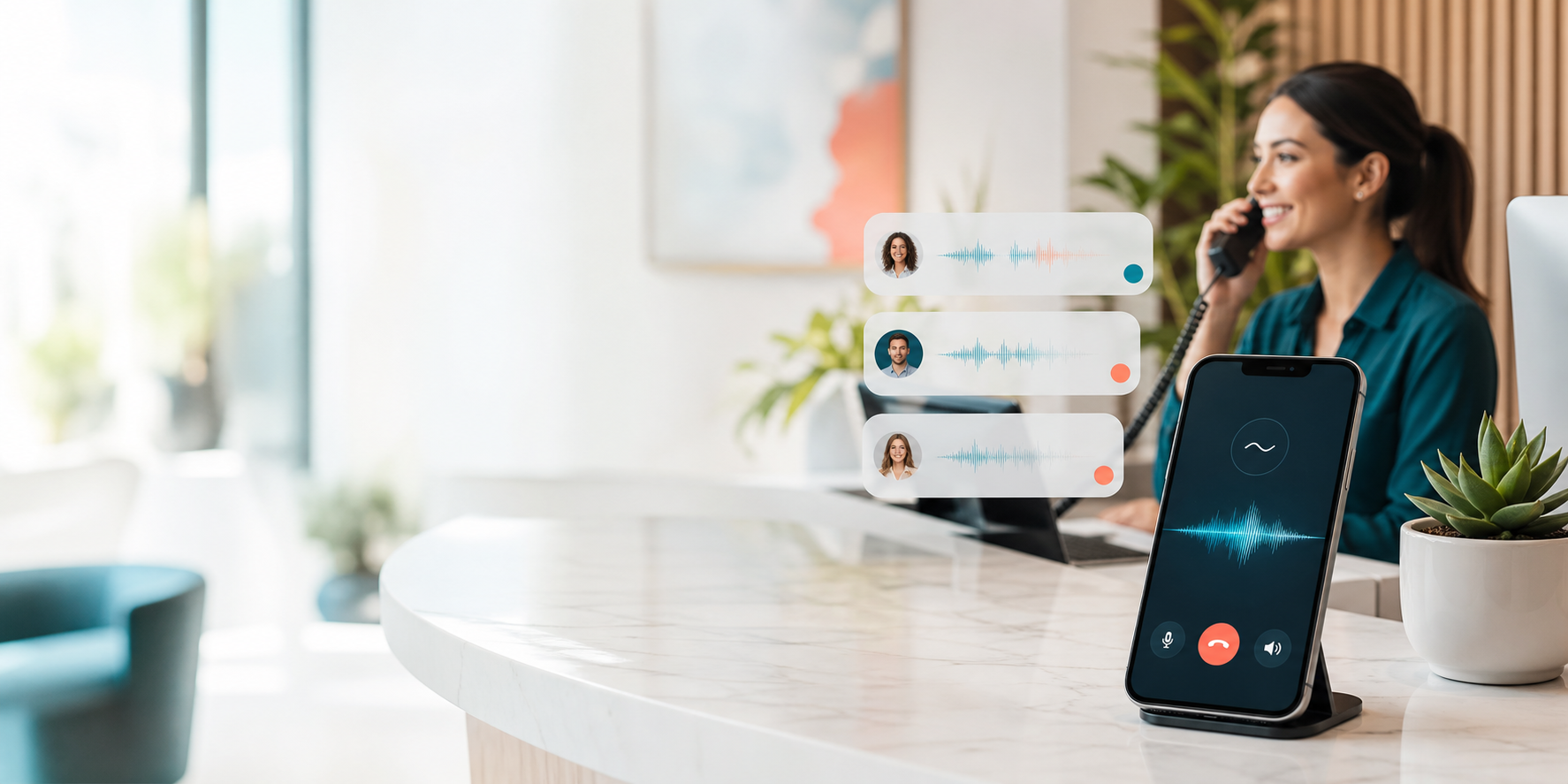 Business receptionist using a phone while AI call activity is shown on screen.